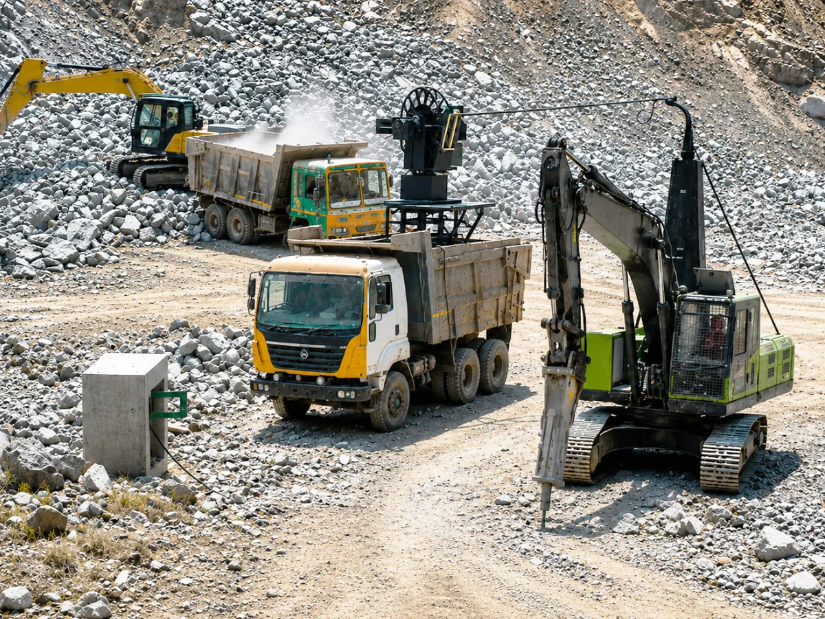 Diesel to electric converted excavator at a port yard